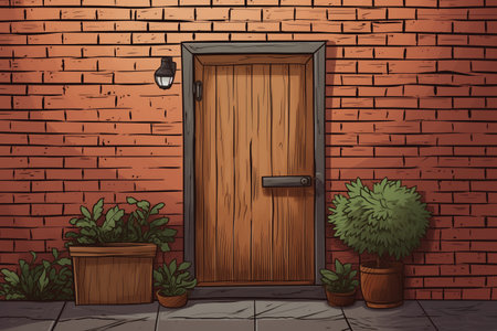 close-up of a wooden door in a brick wall of a farmhouse, magazine style illustrationの素材