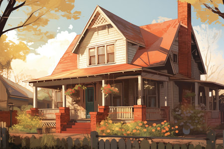 sunlit farmhouse with a mix of wood and brick architectural details, magazine style illustrationの素材