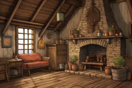 a wooden farmhouse with a rustic brick fireplace, magazine style illustrationの素材