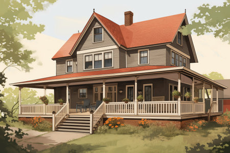 scandinavian style farmhouse with wooden upper floor and brick base, magazine style illustrationの素材