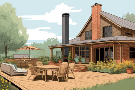 modern farmhouse with a large wooden patio and brick chimney, magazine style illustrationの素材