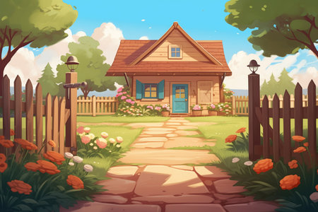 a quaint farmhouse with a wooden entry gate and brick pathway, magazine style illustrationの素材