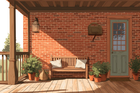 porch area of a farmhouse with wooden beams and brick wall detailing, magazine style illustrationの素材