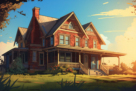 sunlit farmhouse with a mix of wood and brick architectural details, magazine style illustrationの素材