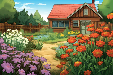 a wood and brick farmhouse behind a vibrant flower garden, magazine style illustrationの素材