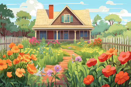 a wood and brick farmhouse behind a vibrant flower garden, magazine style illustrationの素材