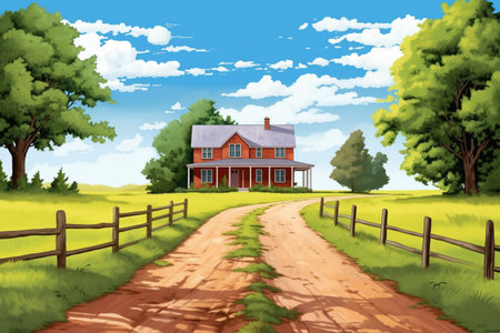 long driveway leading to a remote wood and brick farmhouse, magazine style illustrationの素材