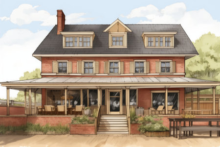 large farmhouse with a brick facade and wooden rooftop, magazine style illustrationの素材