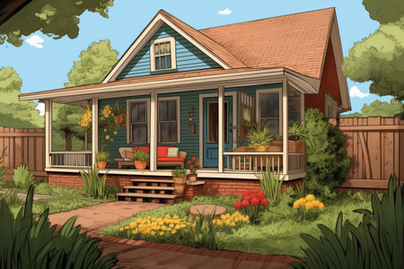 farmhouse with a wooden porch and brick in-laid front yard, magazine style illustrationの素材