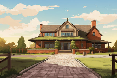 imposing farmhouse with brick driveway and wooden terrace, magazine style illustrationの素材