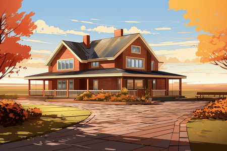 imposing farmhouse with brick driveway and wooden terrace, magazine style illustrationの素材
