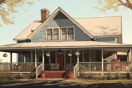 rustic farmhouse with a large gabled front porch, magazine style illustrationの素材