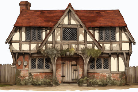 half-timbered farmhouse with double-arched gabled doorway, magazine style illustrationの素材