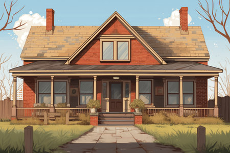 brown brick farmhouse with a narrow, gabled front entry, magazine style illustrationの素材