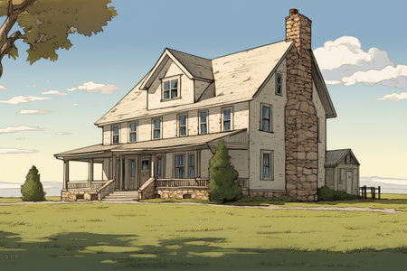 long shot of an isolated farmhouse with a stone gabled front entry, magazine style illustrationの素材