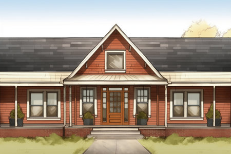 farmhouse facade with symmetrically framed gabled entry, magazine style illustrationの素材