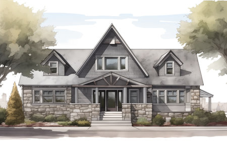grey stone farmhouse showcasing a gabled front entry, magazine style illustrationの素材