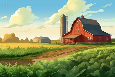 farmland with a barn, silo, and farmhouse featuring gabled entry, magazine style illustrationの素材