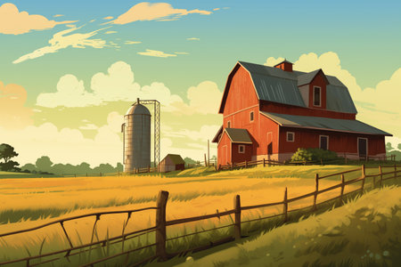 farmland with a barn, silo, and farmhouse featuring gabled entry, magazine style illustrationの素材