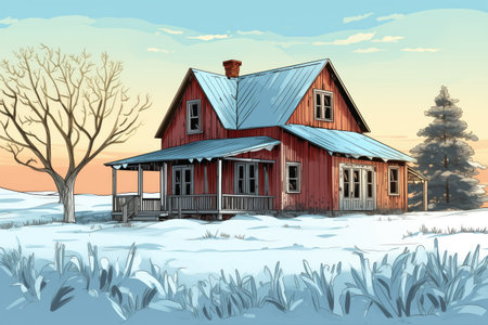 square shot of a farmhouse with a gabled entry in a snowy landscape, magazine style illustrationの素材