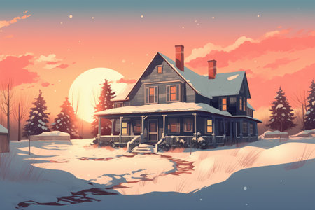 square shot of a farmhouse with a gabled entry in a snowy landscape, magazine style illustrationの素材