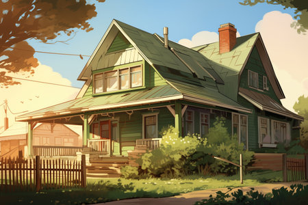 farmhouse with a green gabled entry caught in soft, morning light, magazine style illustrationの素材