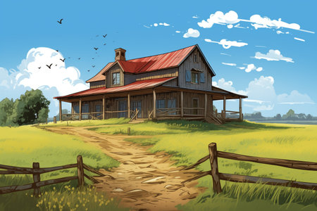 rustic wooden farmhouse with gabled entry surrounded by farmland, magazine style illustrationの素材