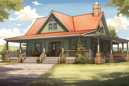 gabled front entry of a farmhouse, with a railed, wrap-around porch, magazine style illustrationの素材