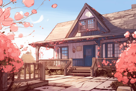 farmhouse with a gabled entryway and rose bushes on sides, magazine style illustrationの素材