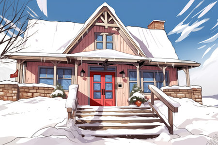 angled shot of a snowy farmhouseè¢Âs gabled front door entry, magazine style illustrationの素材