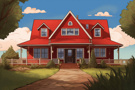 red farmhouse with a traditional gabled front entry, magazine style illustrationの素材