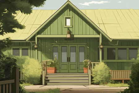 partial view of wooden gabled entrance in an olive green farmhouse, magazine style illustrationの素材