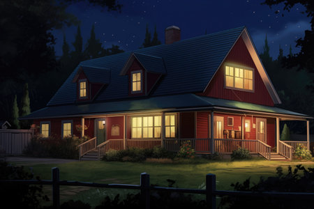 night shot of a lit-up farmhouse with a gabled entryway, magazine style illustrationの素材