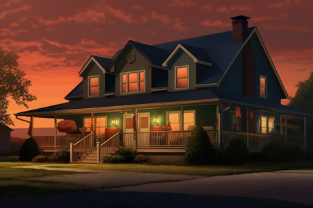 evening shot of a farmhouse with illuminated gabled entry, magazine style illustrationの素材