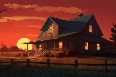 evening shot of a farmhouse with illuminated gabled entry, magazine style illustrationの素材