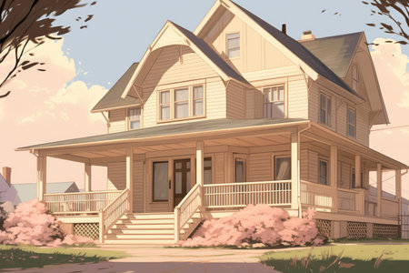 cream-colored farmhouse featuring tiered gabled entrance, magazine style illustrationの素材
