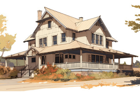 cream-colored farmhouse featuring tiered gabled entrance, magazine style illustrationの素材