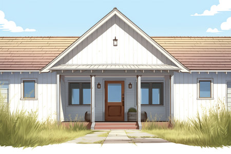 straight-on view of a farmhouses white, wooden, gabled entry door, magazine style illustrationの素材