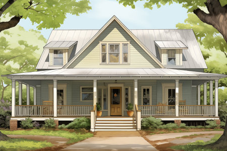 southern-style farmhouse displaying double-door entry under gable, magazine style illustrationの素材