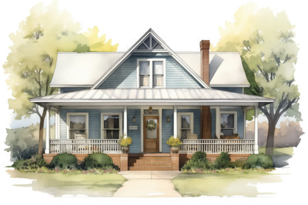 southern-style farmhouse displaying double-door entry under gable, magazine style illustrationの素材