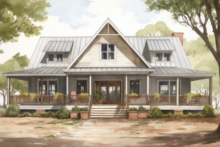 southern-style farmhouse displaying double-door entry under gable, magazine style illustrationの素材
