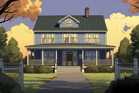 a colonial-style farmhouse with a tall gabled entry, magazine style illustrationの素材