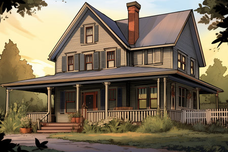 a colonial-style farmhouse with a tall gabled entry, magazine style illustrationの素材
