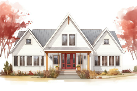 white farmhouse frontage with multi-windowed gable entry, magazine style illustrationの素材