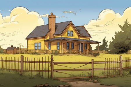 farmhouse with a yellow gabled entry and a wooden fence, magazine style illustrationの素材