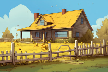 farmhouse with a yellow gabled entry and a wooden fence, magazine style illustrationの素材