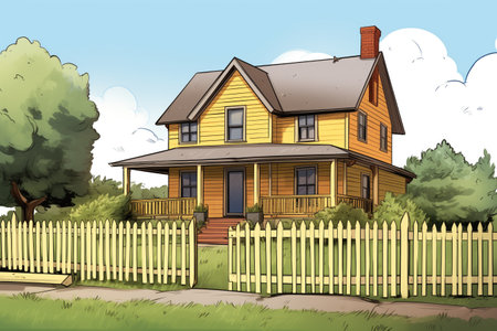 farmhouse with a yellow gabled entry and a wooden fence, magazine style illustrationの素材