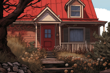 close-up shot of a red gabled entry of a farmhouse, magazine style illustrationの素材