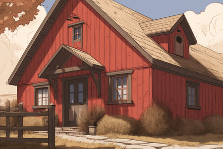 close-up shot of a red gabled entry of a farmhouse, magazine style illustrationの素材