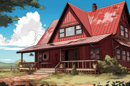 close-up shot of a red gabled entry of a farmhouse, magazine style illustrationの素材